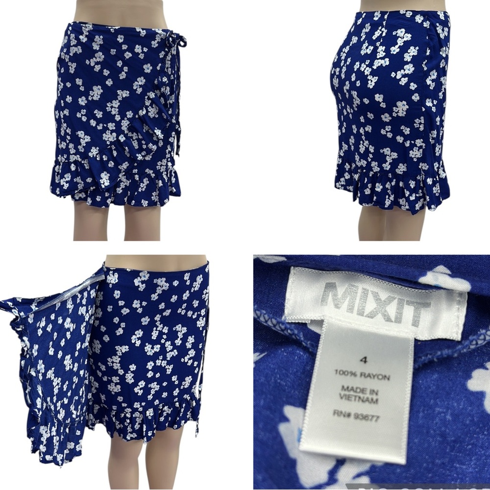 Mixit Rayon Wrap Zip and Tie Side Ruffled Hem Blue Floral Skirt Womens 4
